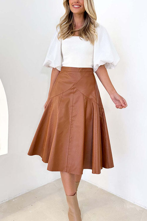 Rosiedress High Waist Faux Leather A-line Flare Midi Skirt