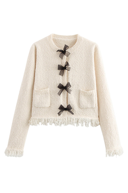 Rosiedress Crewneck Frayed Hem Pocketed Bow Sweater