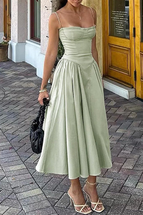 Rosiedress Spaghetti Strap Pocketed Corset Swing Midi Dress LightGreen