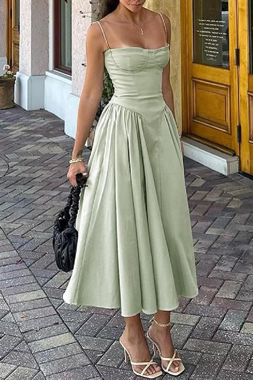 Spaghetti Strap Pocketed Corset Swing Midi Dress LightGreen