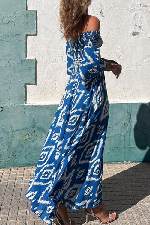 Off Shoulder Bell Sleeves Boho Print Swing Maxi Dress