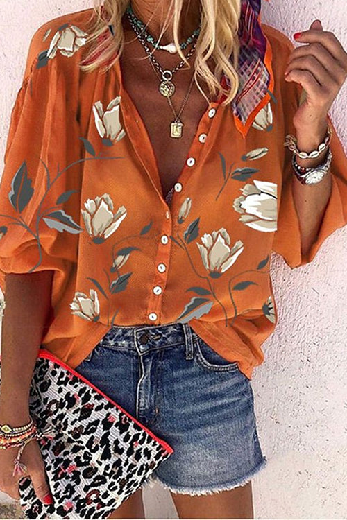 Rosiedress Floral Print Long Sleeves Button Front Shirt Orange