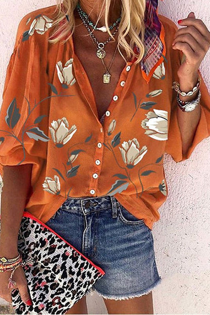 Floral Print Long Sleeves Button Front Shirt Orange