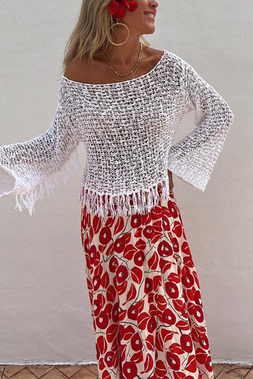 Bell Sleeves Hollow Out Tassel Knit Top White