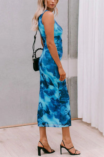 Side Slit Sleeveless Floral Print Bodycon Midi Dress