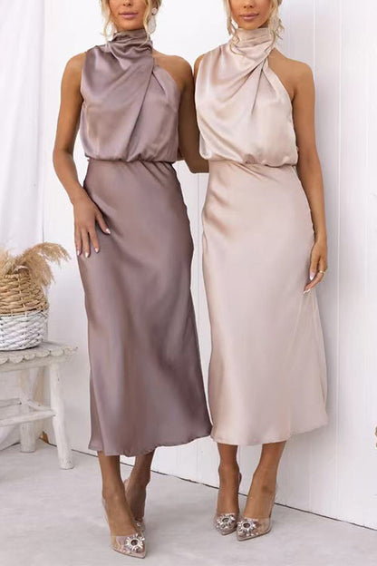 High Neck Zipper Back Waisted Satin Midi Dress