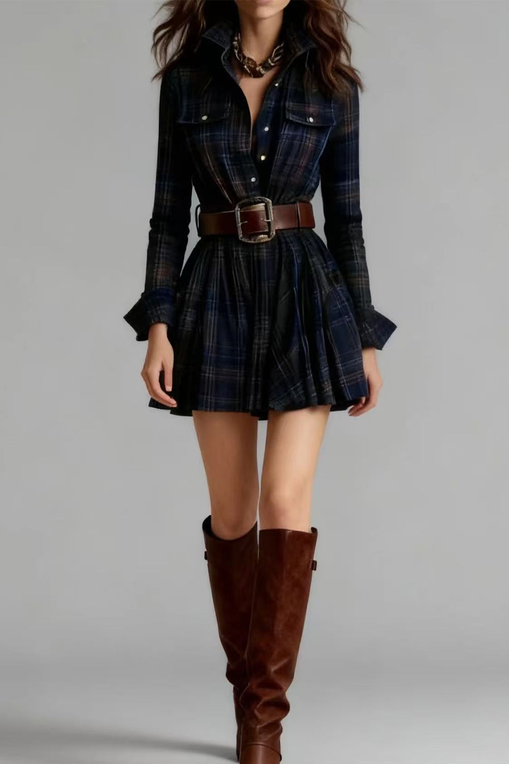 Lapel Long Sleeves Button Up Plaid Mini Dress