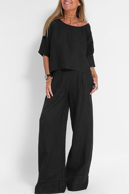 Round Neck 3/4 Sleeves Pullovers Wide Leg Pants Cotton Linen Set Black