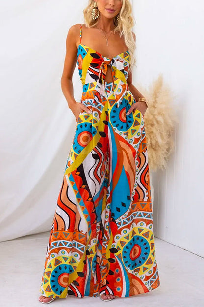 Spaghetti Strap Tie Knot Front Wide Leg Printed Jumpsuit