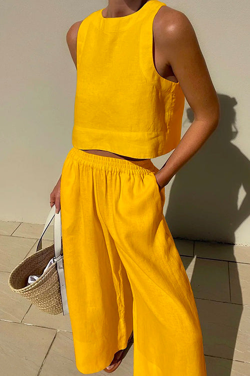 Rosiedress Solid Crewneck Crop Tank Top Elastic Waist Wide Leg Pants Set Yellow