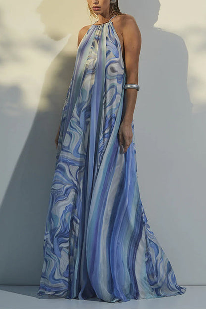 Halter Sleeveless Printed Swing Maxi Vacation Dress Blue