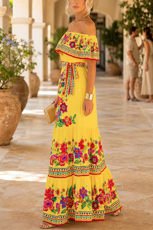 Off Shoulder Floral Print Ruffle Swing Maxi Dress