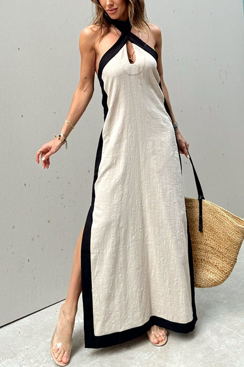 Halter Backless Side Split Color Block Cotton Linen Maxi Dress Apricot