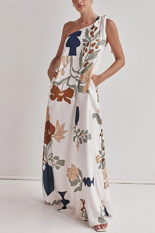 Robe longue à imprimé floral et nœud à une épaule