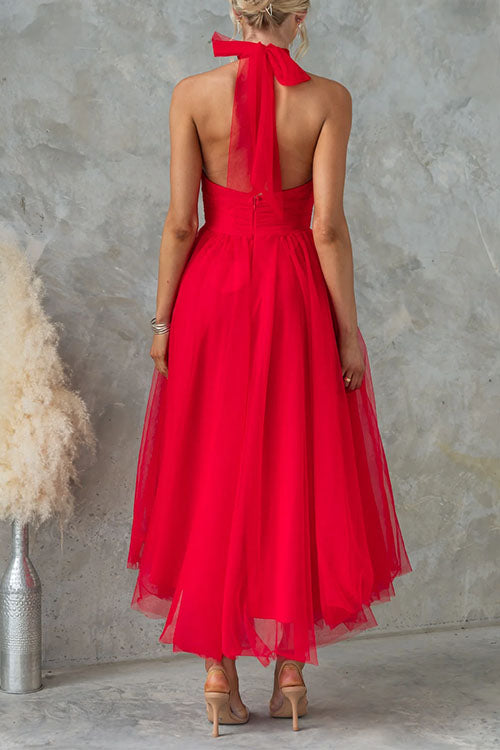 Bow Knot Halter Open Back Tulle Maxi Dress