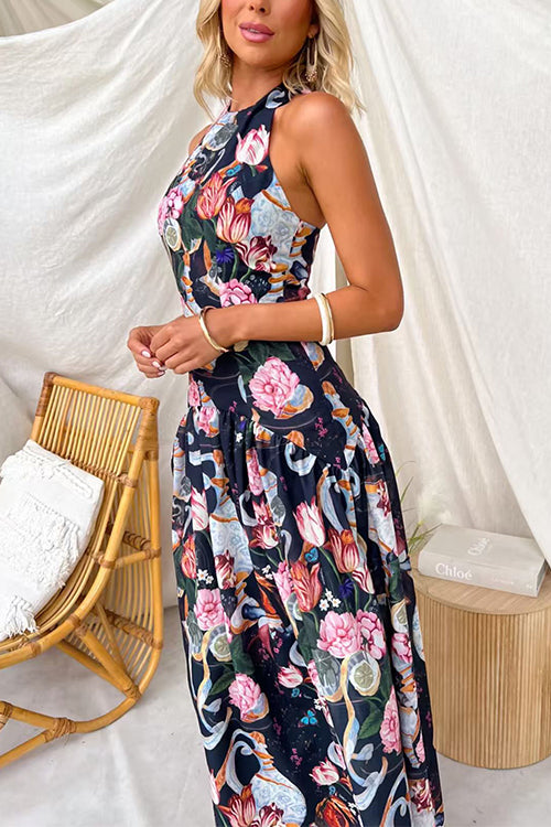 Halter Neck Floral Print Swing Maxi Dress