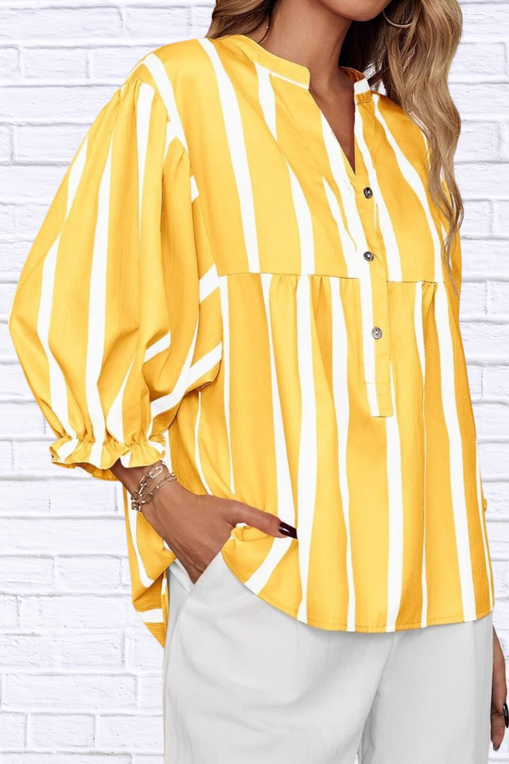 Striped Button Front Notched Blouse