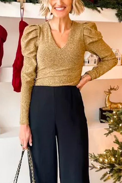 Stylish V Neck Long Sleeve Shiny Top Gold