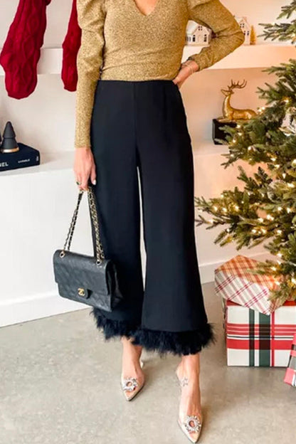 Chicest High Waist Feather Hem Wide Leg Pants Black