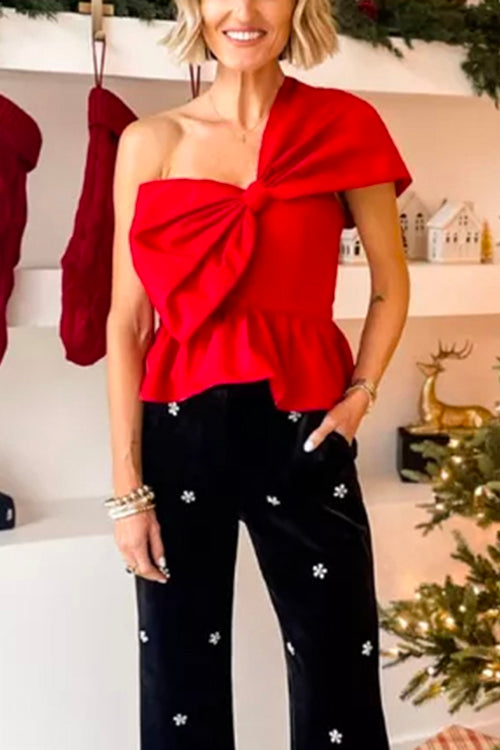 Chicest One Shoulder Bow Peplum Top Red