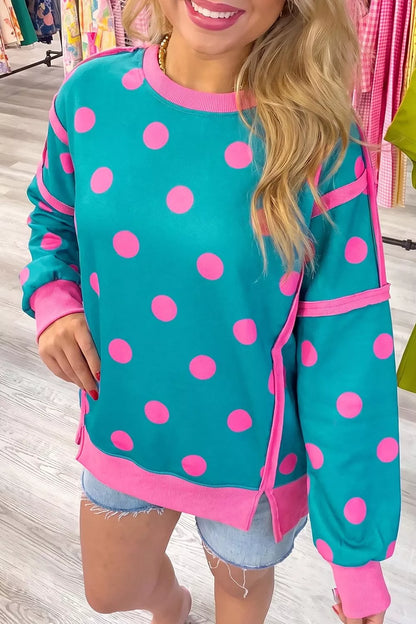 Polka Dot Contrast Patchwork Round Neck Baggy Sweatshirt