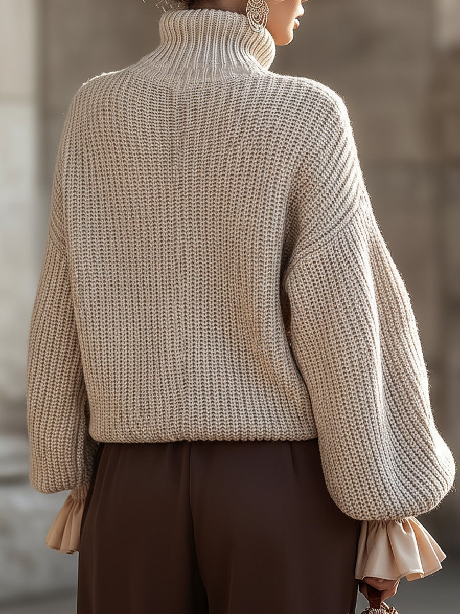 Cream Knit Turtleneck Sweater With Ruffled Cuffs