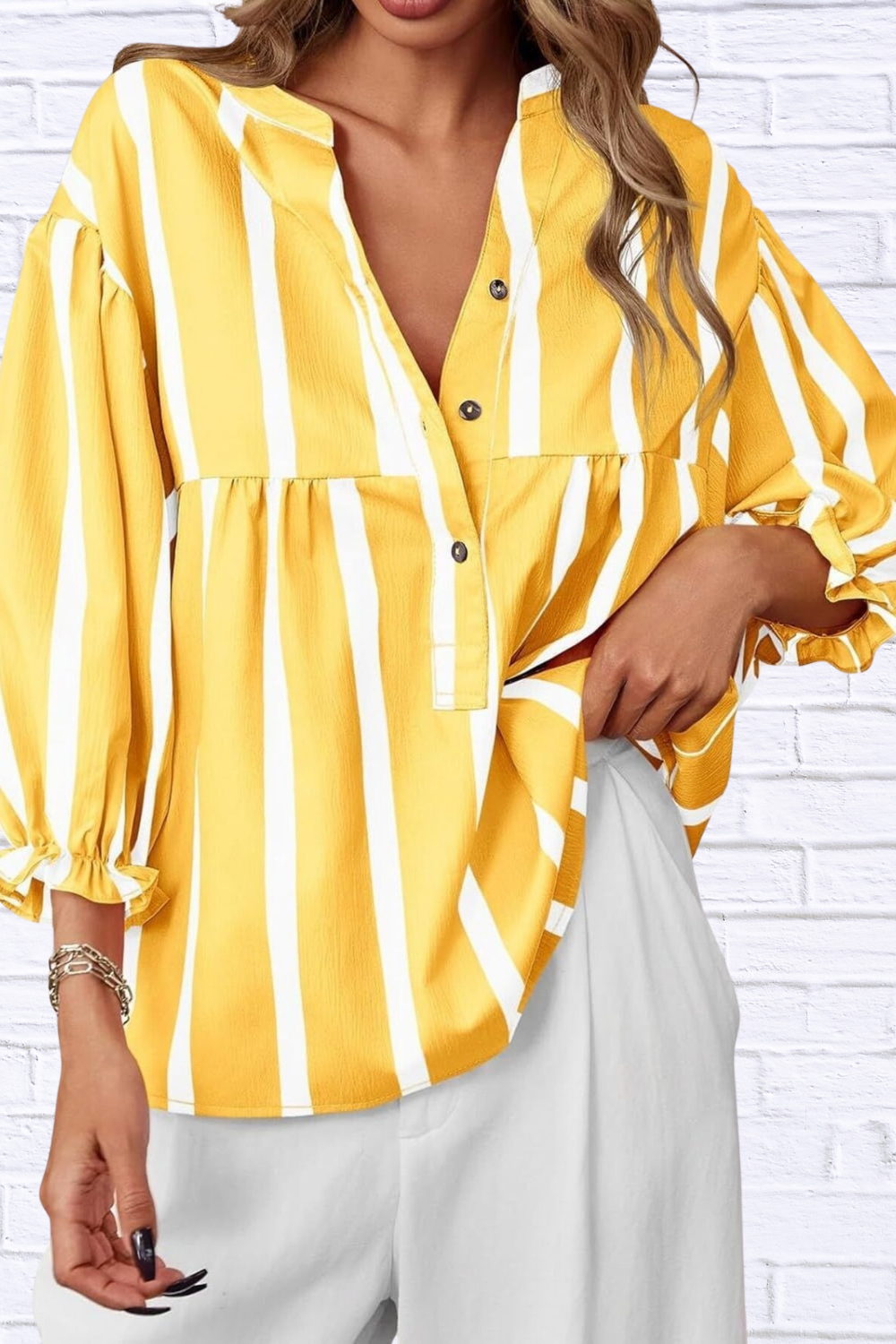 Striped Button Front Notched Blouse