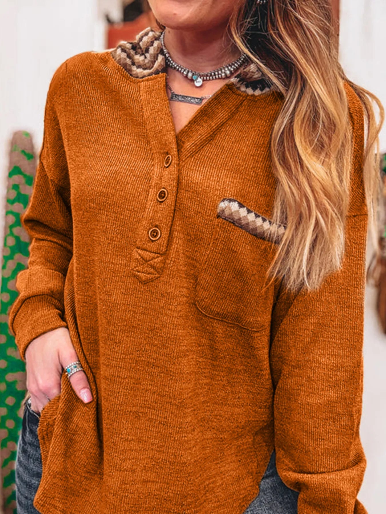 Contrast Plaid Hood Patchwork Chest Pocket Henley Top