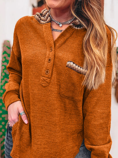 Contrast Plaid Hood Patchwork Chest Pocket Henley Top