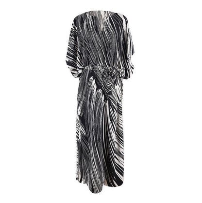 Black Line Printing Beach Cover-up Loose Maxi Dress Bikini Cover