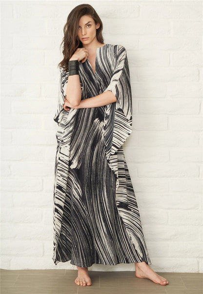 Black Line Printing Beach Cover-up Loose Maxi Dress Bikini Cover
