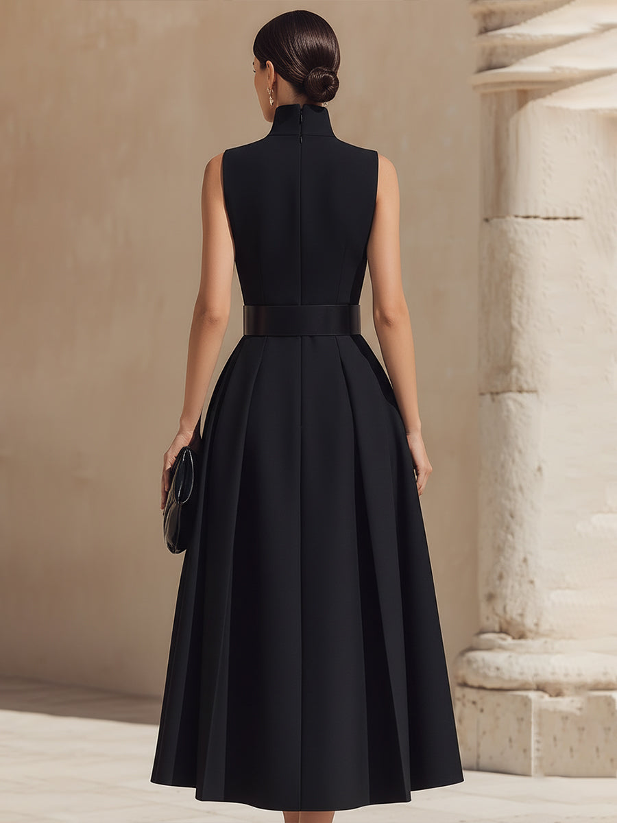 Belted High-Neck Pleated Midi Dress