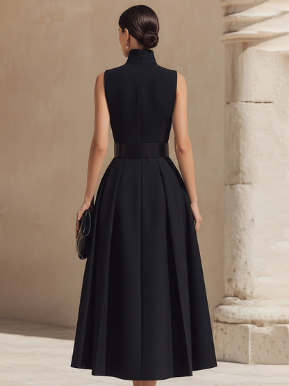 Belted High-Neck Pleated Midi Dress