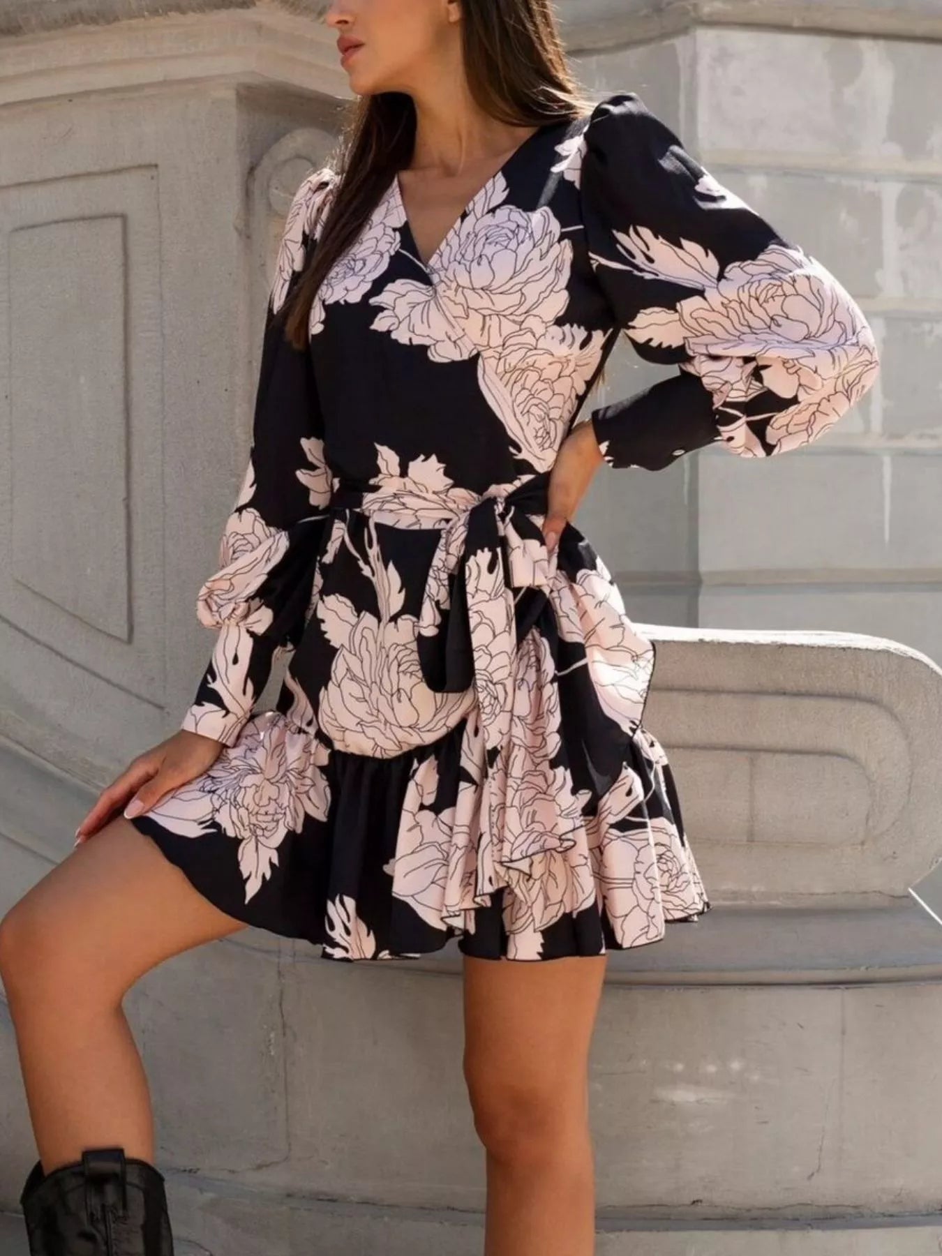 Printed Surplice Long Sleeve Wrap Mini Dress