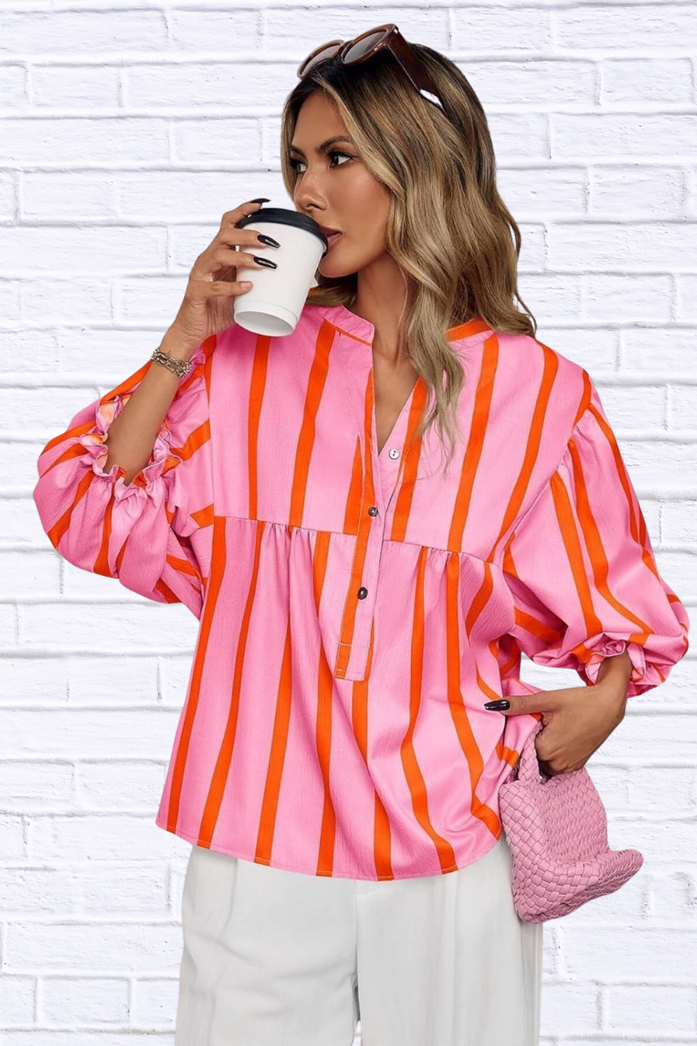 Striped Button Front Notched Blouse