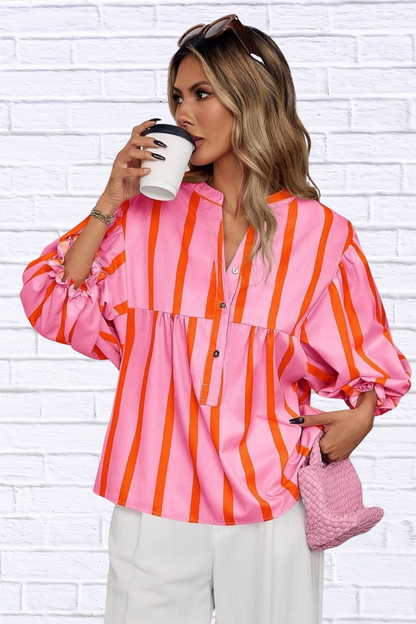 Striped Button Front Notched Blouse