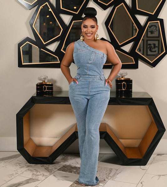 One Shoulder Denim Jumpsuit