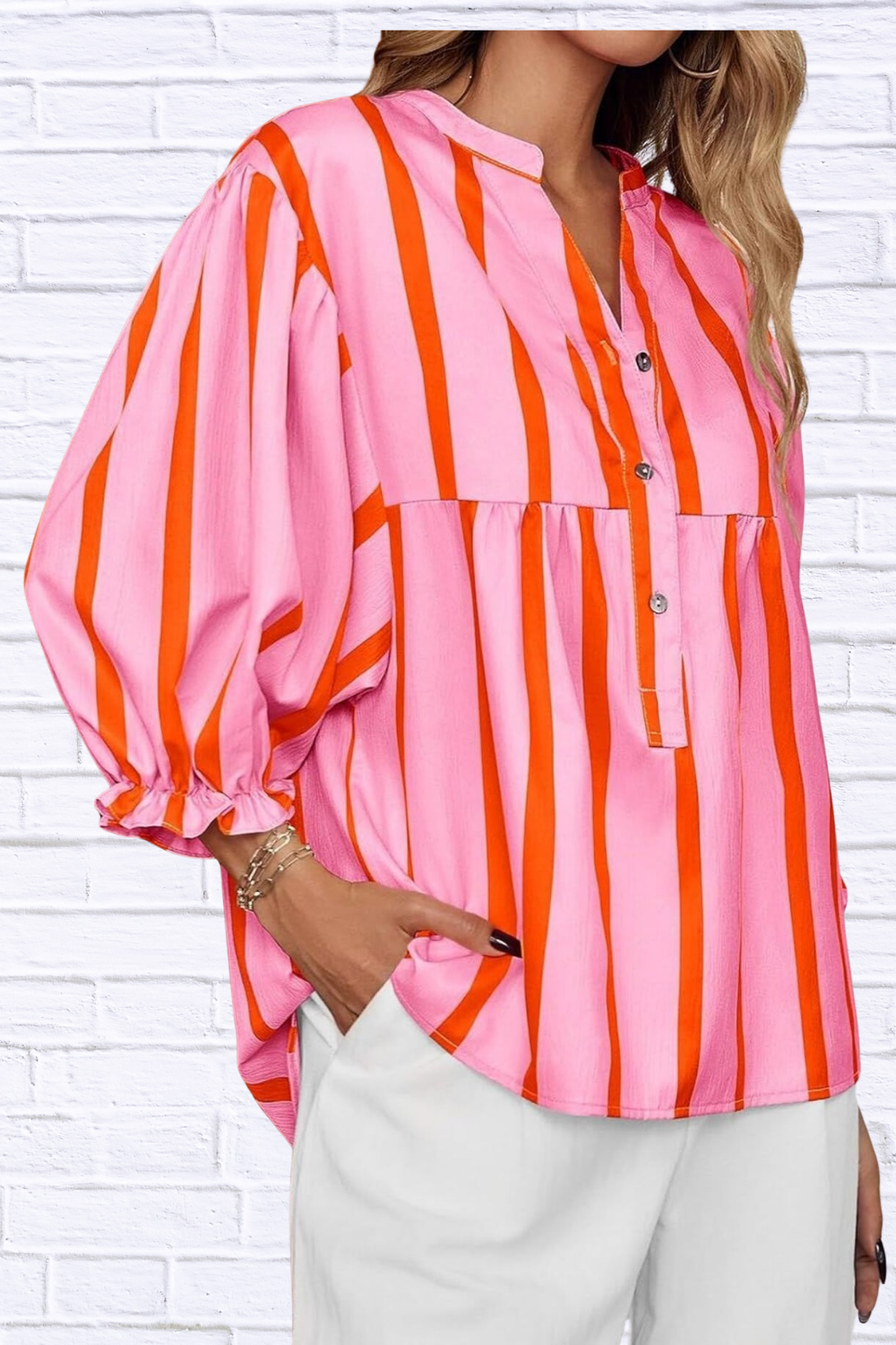 Striped Button Front Notched Blouse