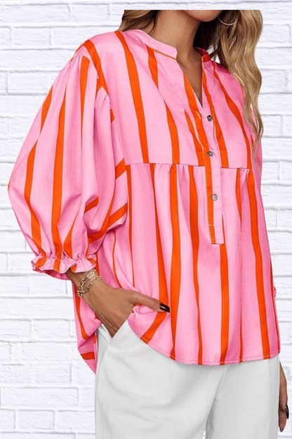Striped Button Front Notched Blouse