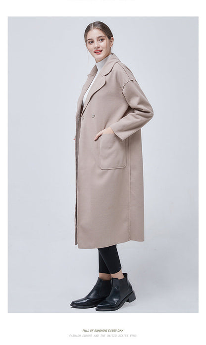 Woolen Solid Color Long Sleeve Trench Coat