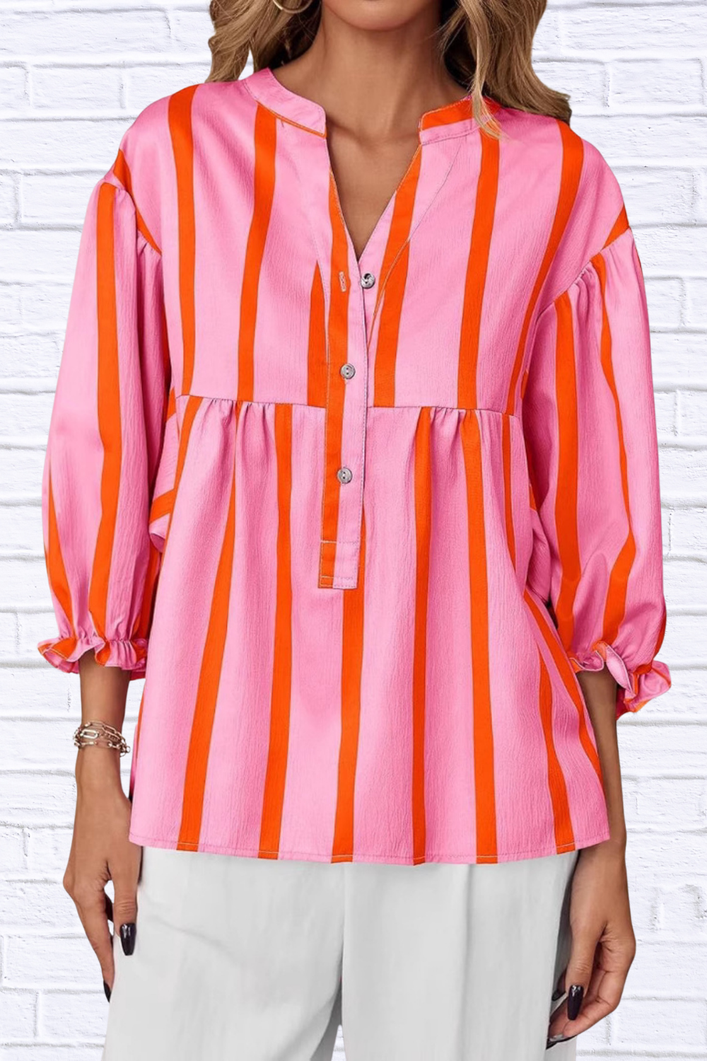 Striped Button Front Notched Blouse