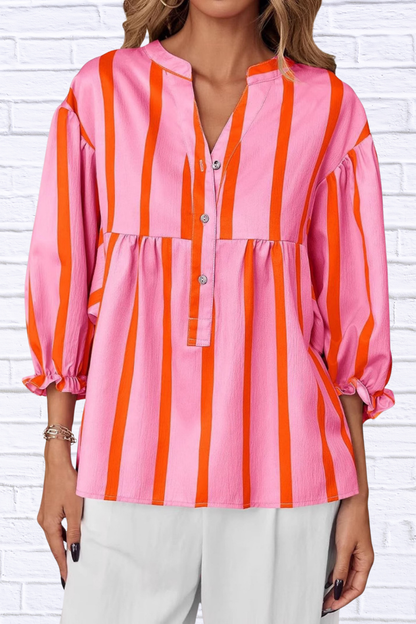 Striped Button Front Notched Blouse
