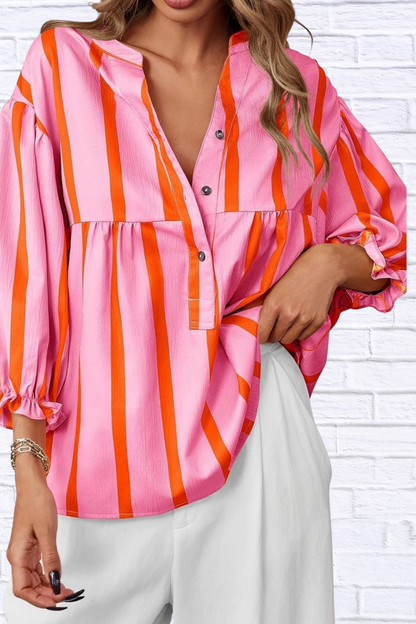 Striped Button Front Notched Blouse