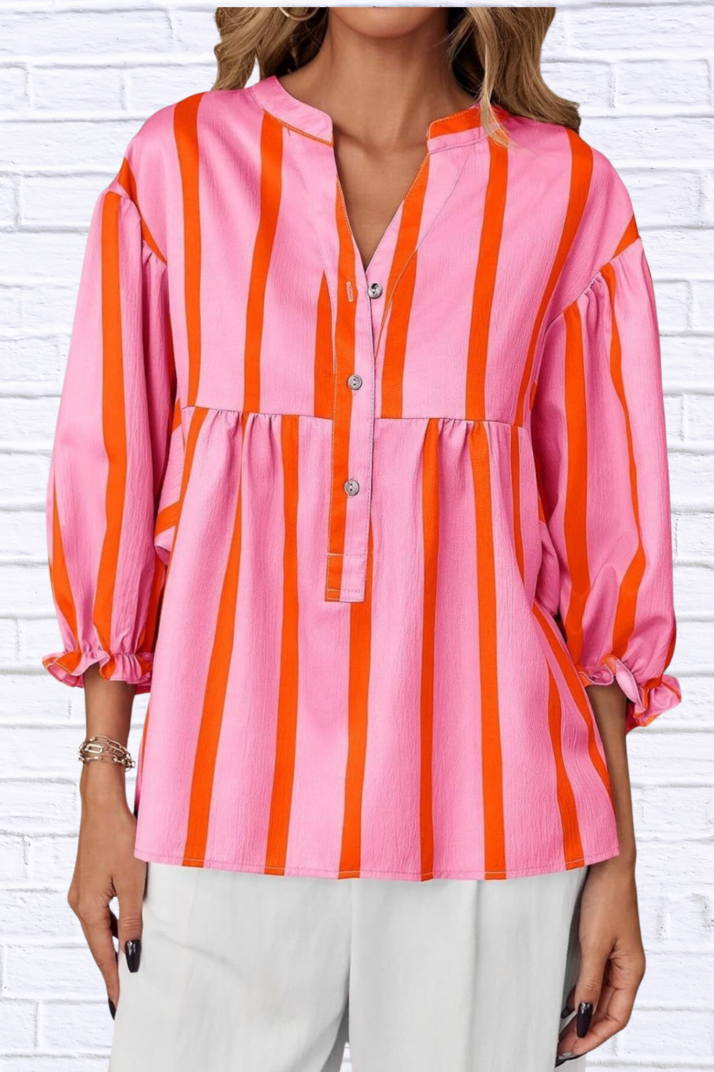 Striped Button Front Notched Blouse