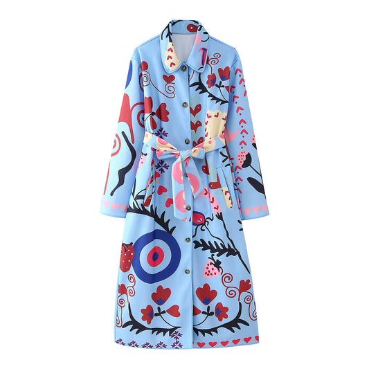 Fun Printing Long Sleeve Trench Coat