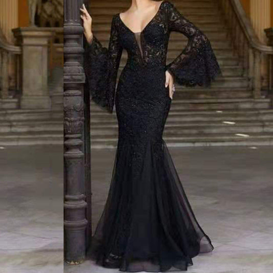 Lace Embroidered Fishtail Black Slim Fit Evening Dress
