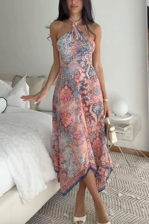 Halter Neck Open Back Floral Print Maxi Dress