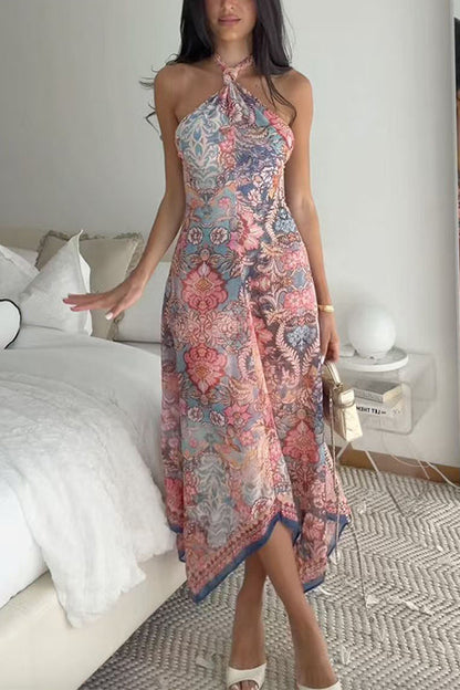 Halter Neck Open Back Floral Print Maxi Dress