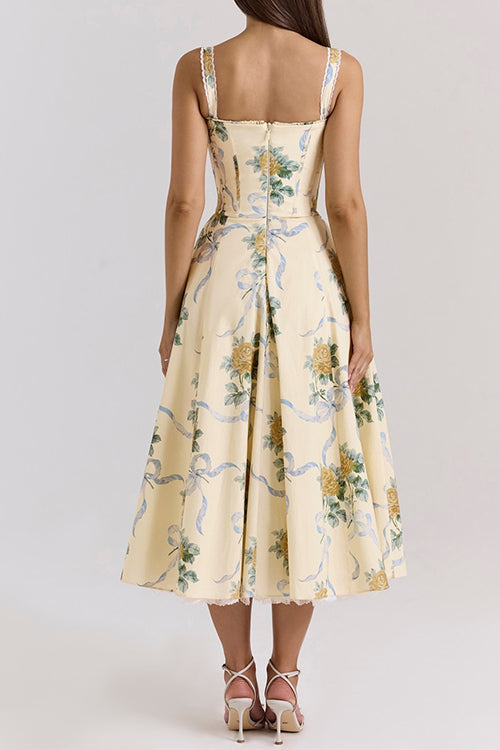 Robe camisole mi-longue à imprimé floral avec cordon de serrage et bordure en dentelle