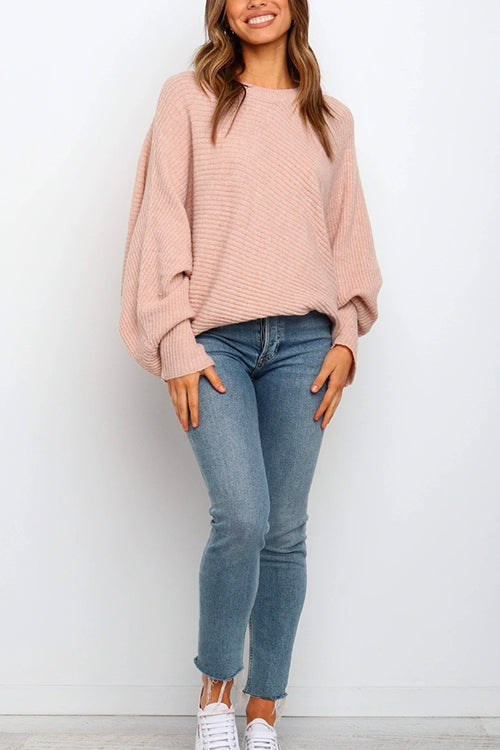 Rosiedress Batwing Long Sleeves Ribbed Knit Tunic Sweater Pink